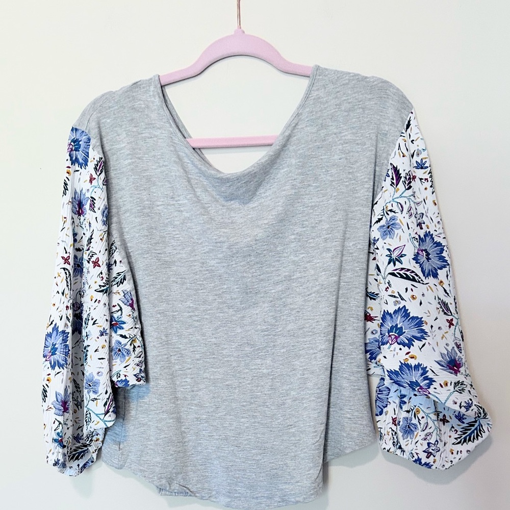 Daytrip Gray Top with Blue Floral Sleeves